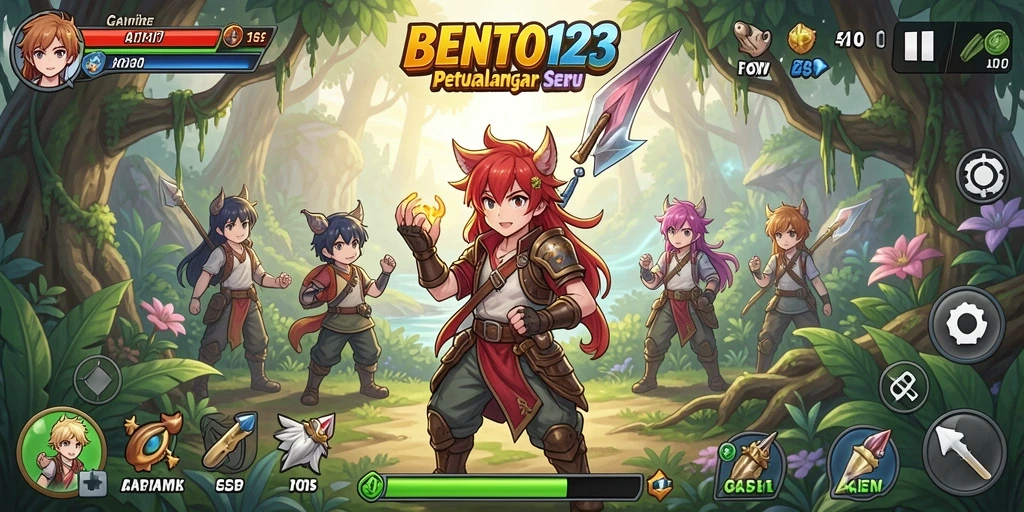 Tampilan gameplay <strong>BENTO123</strong> dengan karakter anime yang penuh warna dan dinamis.