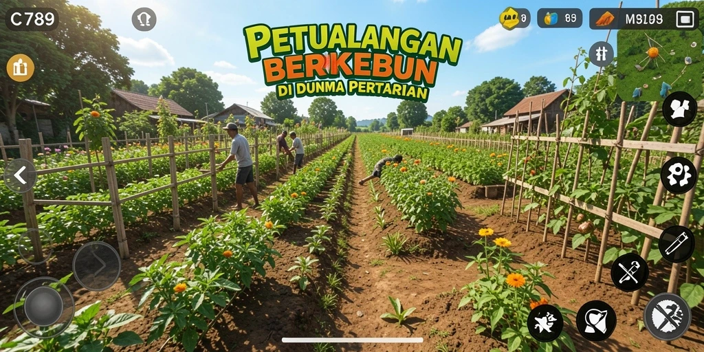Screenshot gameplay menunjukkan petani merawat tanaman di ladang yang subur.