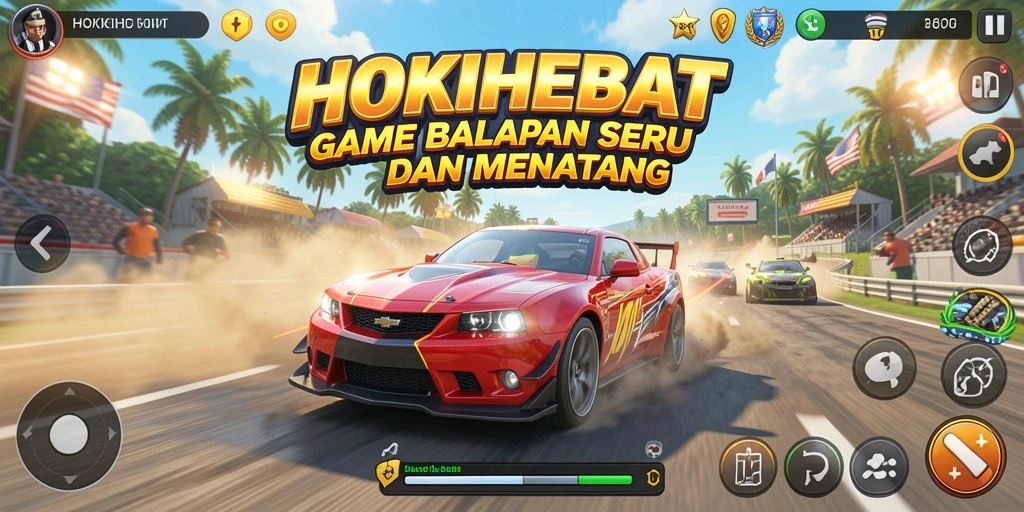 Screenshot gameplay HOKIHEBAT menampilkan aksi balapan yang mendebarkan.