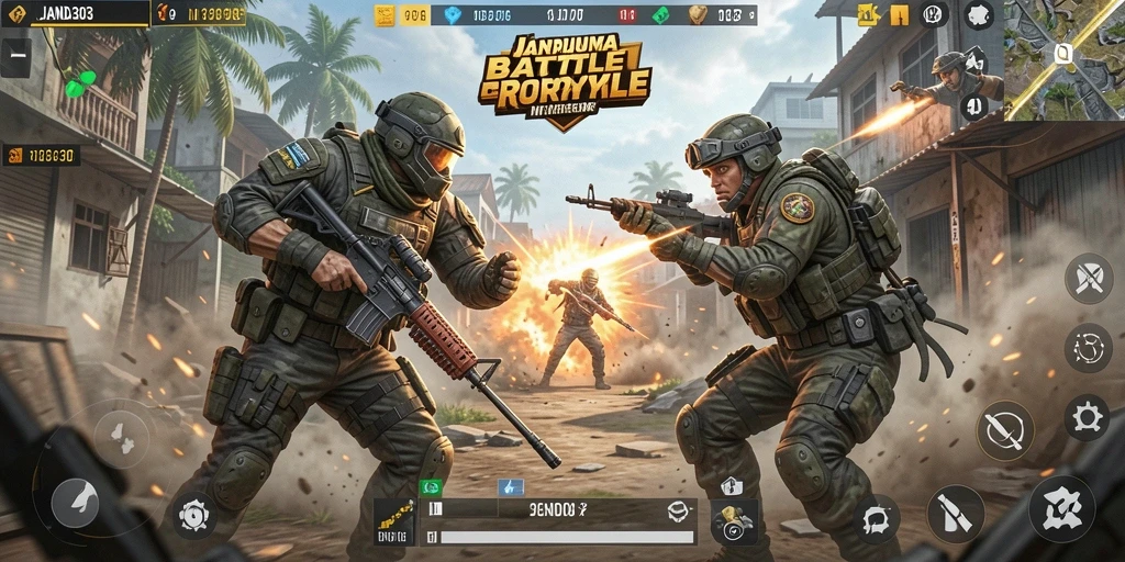Gameplay seru JANDA303 dengan pertempuran Battle Royale.