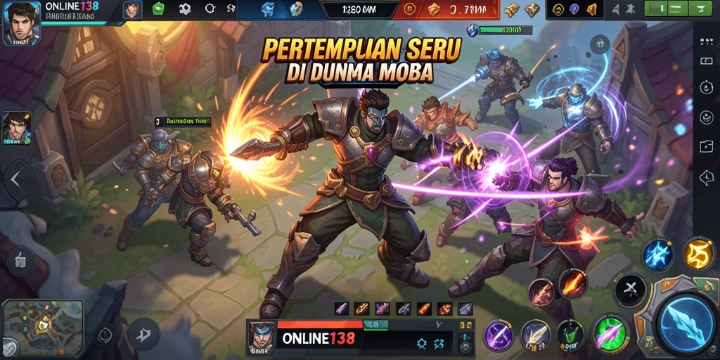 Screenshot menunjukkan aksi pertempuran tim dalam permainan MOBA.