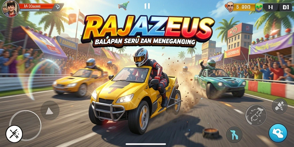 Screenshot gameplay RAJAZEUS dengan aksi balapan yang mendebarkan.